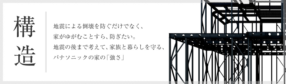 構造 地震による倒壊を防ぐだけでなく、家がゆがむことすら、防ぎたい。地震の後まで考えて、家族と暮らしを守る、パナソニックの家の「強さ」